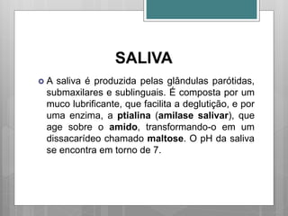 SALIVA
 A saliva é produzida pelas glândulas parótidas,
submaxilares e sublinguais. É composta por um
muco lubrificante, que facilita a deglutição, e por
uma enzima, a ptialina (amilase salivar), que
age sobre o amido, transformando-o em um
dissacarídeo chamado maltose. O pH da saliva
se encontra em torno de 7.
 