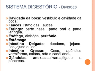 SISTEMA DIGESTÓRIO - DIVISÕES

 Cavidade   da boca: vestíbulo e cavidade da
  boca.
 Fauces. Istmo das Fauces.
 Faringe: parte nasal, parte oral e parte
  laríngea.
 Esôfago, divisões, peritônio.
 Estômago.
 Intestino     Delgado: duodeno, jejuno-
  íleo:jejuno e íleo.
 Intestino      Grosso:    Ceco,      apêndice
  vermiforme, cólons, reto e canal anal.
 Glândulas        anexas:salivares,fígado    e
  pâncreas.
 