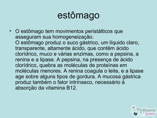estômago
• O estômago tem movimentos peristálticos que
  asseguram sua homogeneização.
  O estômago produz o suco gástrico, um líquido claro,
  transparente, altamente ácido, que contêm ácido
  clorídrico, muco e várias enzimas, como a pepsina, a
  renina e a lipase. A pepsina, na presença de ácido
  clorídrico, quebra as moléculas de proteínas em
  moléculas menores. A renina coagula o leite, e a lipase
  age sobre alguns tipos de gordura. A mucosa gástrica
  produz também o fator intrínseco, necessário à
  absorção da vitamina B12.
 