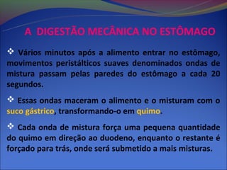 A DIGESTÃO MECÂNICA NO ESTÔMAGO
 Vários minutos após a alimento entrar no estômago,
movimentos peristálticos suaves denominados ondas de
mistura passam pelas paredes do estômago a cada 20
segundos.
 Essas ondas maceram o alimento e o misturam com o
suco gástrico, transformando-o em quimo.
 Cada onda de mistura força uma pequena quantidade
do quimo em direção ao duodeno, enquanto o restante é
forçado para trás, onde será submetido a mais misturas.
 