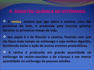 A DIGESTÃO QUÍMICA NO ESTÔMAGO

 A renina, enzima que age sobre a caseína, uma das
proteínas do leite, é produzida pela mucosa gástrica
durante os primeiros meses de vida.
 Seu papel é o de flocular a caseína, fazendo com que
ela fique mais tempo no estômago e seja melhor digerida,
facilitando assim a ação de outras enzimas proteolíticas.
 A renina é produzida em grande quantidade no
estômago de recém-nascidos e de crianças e em menor
quantidade no estômago de pessoas adultas.
 