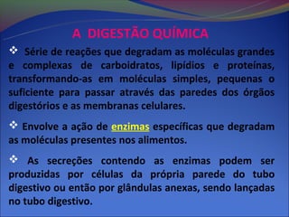 A DIGESTÃO QUÍMICA
 Série de reações que degradam as moléculas grandes
e complexas de carboidratos, lipídios e proteínas,
transformando-as em moléculas simples, pequenas o
suficiente para passar através das paredes dos órgãos
digestórios e as membranas celulares.
 Envolve a ação de enzimas específicas que degradam
as moléculas presentes nos alimentos.
 As secreções contendo as enzimas podem ser
produzidas por células da própria parede do tubo
digestivo ou então por glândulas anexas, sendo lançadas
no tubo digestivo.
 