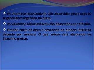  As vitaminas lipossolúveis são absorvidas junto com os
triglicerídeos ingeridos na dieta.
 As vitaminas hidrossolúveis são absorvidas por difusão.
 Grande parte da água é absorvida no próprio intestino
delgado por osmose. O que sobrar será absorvido no
intestino grosso.
 