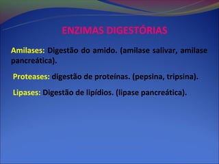 ENZIMAS DIGESTÓRIAS
Amilases: Digestão do amido. (amilase salivar, amilase
pancreática).
Proteases: digestão de proteínas. (pepsina, tripsina).
Lipases: Digestão de lipídios. (lipase pancreática).
 