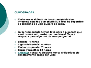 CURIOSIDADES

   Todas essas dobras no revestimento de seu
    intestino delgado aumentam sua área de superfície
    ao tamanho de uma quadra de tênis.


   Já pensou quanto tempo leva para o alimento que
    você comeu se transformar em fezes? Veja a
    resposta para algumas de suas perguntas:

   Banana: 4 horas
   Tigela de cereais: 4 horas
   Cachorro-quente: 7 horas
   Carne vermelha: 12 horas
   Chiclete: nunca. O chiclete nunca é digerido; ele
    simplesmente passa por você.
 