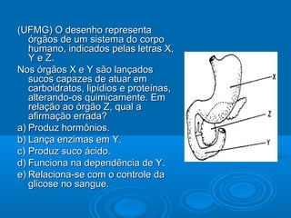 (UFMG) O desenho representa
   órgãos de um sistema do corpo
   humano, indicados pelas letras X,
   Y e Z.
Nos órgãos X e Y são lançados
   sucos capazes de atuar em
   carboidratos, lipídios e proteínas,
   alterando-os quimicamente. Em
   relação ao órgão Z, qual a
   afirmação errada?
a) Produz hormônios.
b) Lança enzimas em Y.
c) Produz suco ácido.
d) Funciona na dependência de Y.
e) Relaciona-se com o controle da
   glicose no sangue.
 