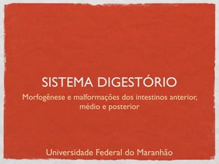 SISTEMA DIGESTÓRIO
Morfogênese e malformações dos intestinos anterior,
médio e posterior
Universidade Federal do Maranhão
 