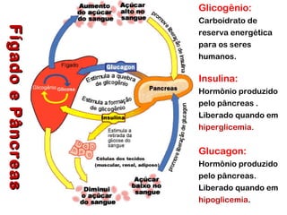 FígadoePâncreasFígadoePâncreas Glicogênio:
Carboidrato de
reserva energética
para os seres
humanos.
Insulina:
Hormônio produzido
pelo pâncreas .
Liberado quando em
hiperglicemia.
Glucagon:
Hormônio produzido
pelo pâncreas.
Liberado quando em
hipoglicemia.
 