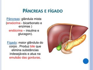 PÂNCREAS E FÍGADO
Pâncreas: glândula mista
(enxócrina - bicarbonato e
enzimas )
endócrina – insulina e
glucagon).
Fígado: maior glândula do
corpo . Produz bile que
elimina substâncias
indesejáveis e atua na
emulsão das gorduras.
 
