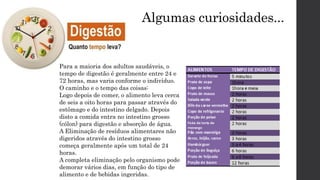 Algumas curiosidades...
Para a maioria dos adultos saudáveis, o
tempo de digestão é geralmente entre 24 e
72 horas, mas varia conforme o indivíduo.
O caminho e o tempo das coisas:
Logo depois de comer, o alimento leva cerca
de seis a oito horas para passar através do
estômago e do intestino delgado. Depois
disto a comida entra no intestino grosso
(cólon) para digestão e absorção de água.
A Eliminação de resíduos alimentares não
digeridos através do intestino grosso
começa geralmente após um total de 24
horas.
A completa eliminação pelo organismo pode
demorar vários dias, em função do tipo de
alimento e de bebidas ingeridas.
 