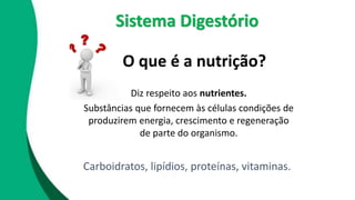 O que é a nutrição?
Diz respeito aos nutrientes.
Substâncias que fornecem às células condições de
produzirem energia, crescimento e regeneração
de parte do organismo.
Carboidratos, lipídios, proteínas, vitaminas.
Sistema Digestório
 