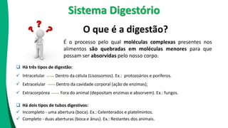 O que é a digestão?
 Há três tipos de digestão:
 Intracelular Dentro da célula (Lisossomos). Ex.: protozoários e poríferos.
 Extracelular Dentro da cavidade corporal (ação de enzimas);
 Extracorpórea Fora do animal (depositam enzimas e absorvem). Ex.: fungos.
 Há dois tipos de tubos digestivos:
 Incompleto - uma abertura (boca). Ex.: Celenterados e platelmintos.
 Completo - duas aberturas (boca e ânus). Ex.: Restantes dos animais.
É o processo pelo qual moléculas complexas presentes nos
alimentos são quebradas em moléculas menores para que
possam ser absorvidas pelo nosso corpo.
Sistema Digestório
 