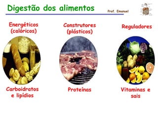 Digestão dos alimentos
Vitaminas e
sais
Construtores
(plásticos)
Reguladores
Carboidratos
e lipídios
Proteínas
Energéticos
(calóricos)
Prof. Emanuel
 
