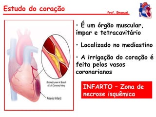 • É um órgão muscular,
ímpar e tetracavitário
• Localizado no mediastino
• A irrigação do coração é
feita pelos vasos
coronarianos
INFARTO – Zona de
necrose isquêmica
Estudo do coração Prof. Emanuel
 