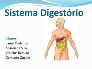 Sistema Digestório
Alunos:
Laura Medeiros
Álisson da Silva
Vinicius Remião
Germano Guedes
 