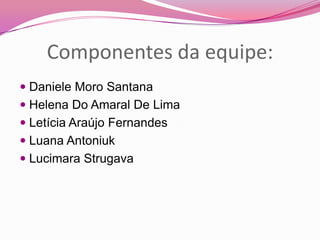 Componentes da equipe:
 Daniele Moro Santana
 Helena Do Amaral De Lima
 Letícia Araújo Fernandes
 Luana Antoniuk
 Lucimara Strugava
 