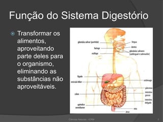 Função do Sistema Digestório
 Transformar os
alimentos,
aproveitando
parte deles para
o organismo,
eliminando as
substâncias não
aproveitáveis.
Ciências Naturais - ICRM 2
 