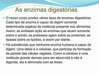 As enzimas digestórias
 O nosso corpo produz vários tipos de enzimas digestórias.
Cada tipo de enzima é capaz de digerir somente
determinada espécie de molécula presente nos alimentos.
Assim, as amilases ação as enzimas que atuam somente
sobre o amido; as proteases agem sobre as proteínas; as
lípases sobre os lipídios, e assim por diante.
 Há substâncias que nenhuma enzima humana é capaz de
digerir. Uma delas é a celulose, que participa da formação
da parede das células vegetais. Como a celulose é uma
molécula grande demais para ser absorvida e não é
digerida, ela é eliminada com as fezes.
 