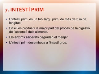 7. INTESTÍ PRIM
●   L'intestí prim: és un tub llarg i prim, de més de 5 m de
    longitud.
●   En ell es produeix la major part del procés de la digestió i
    de l'absorció dels aliments.
●   Els enzims alliberats degraden el menjar.
●   L'intestí prim desemboca a l'intestí gros.
 