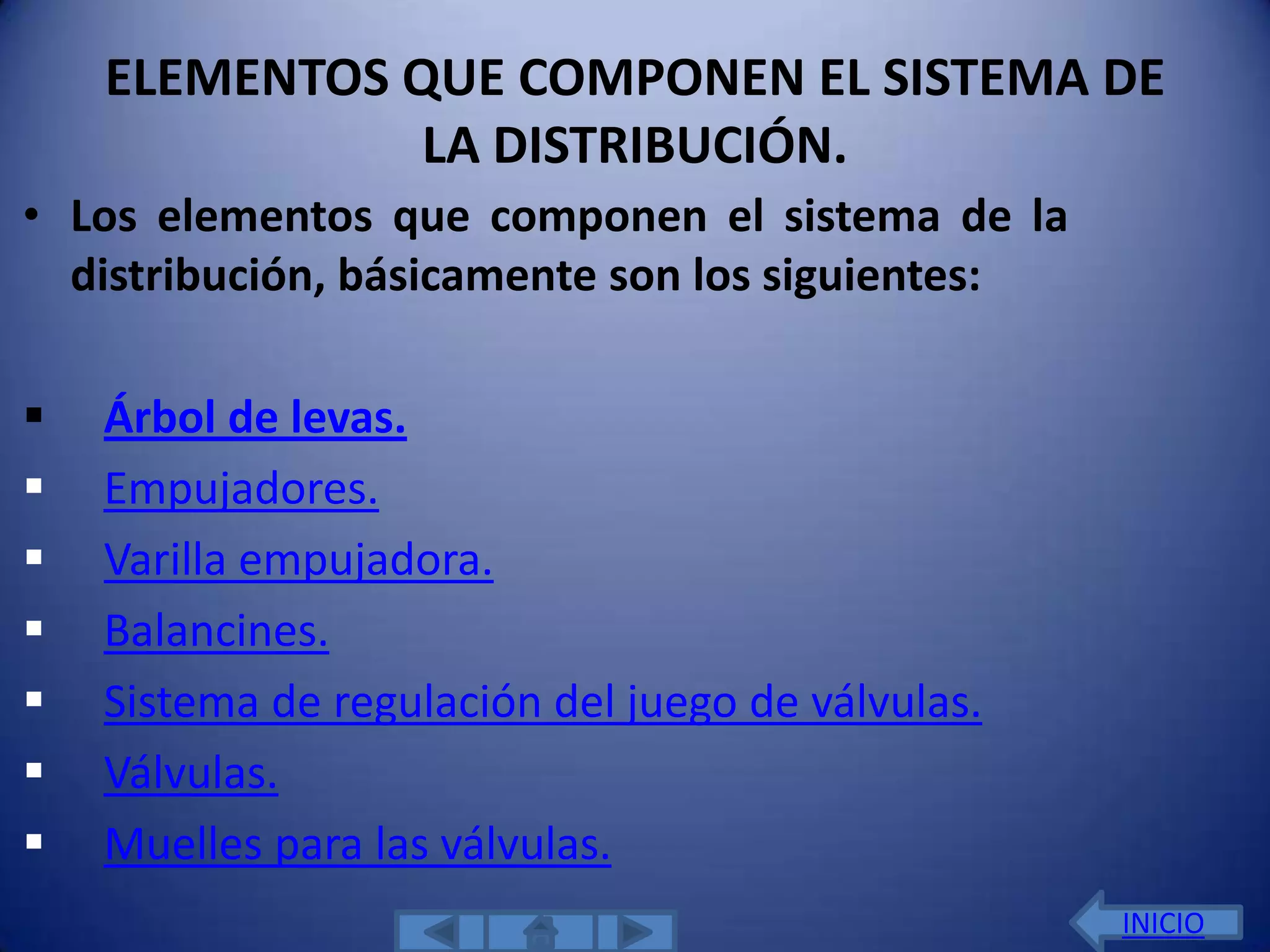 ELEMENTOS QUE COMPONEN EL SISTEMA DE
               LA DISTRIBUCIÓN.
• Los elementos que componen el sistema de la
  distribución, básicamente son los siguientes:

   Árbol de levas.
   Empujadores.
   Varilla empujadora.
   Balancines.
   Sistema de regulación del juego de válvulas.
   Válvulas.
   Muelles para las válvulas.
                                                   INICIO
 