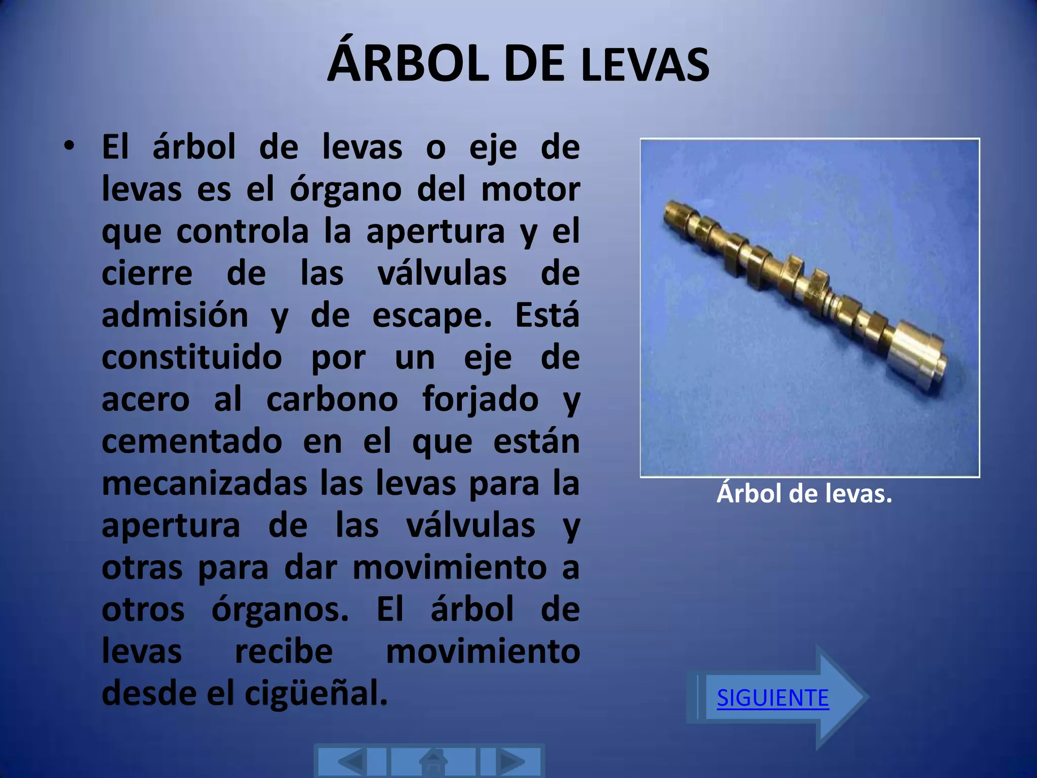 ÁRBOL DE LEVAS
• El árbol de levas o eje de
  levas es el órgano del motor
  que controla la apertura y el
  cierre de las válvulas de
  admisión y de escape. Está
  constituido por un eje de
  acero al carbono forjado y
  cementado en el que están
  mecanizadas las levas para la   Árbol de levas.
  apertura de las válvulas y
  otras para dar movimiento a
  otros órganos. El árbol de
  levas recibe movimiento
  desde el cigüeñal.              SIGUIENTE
 