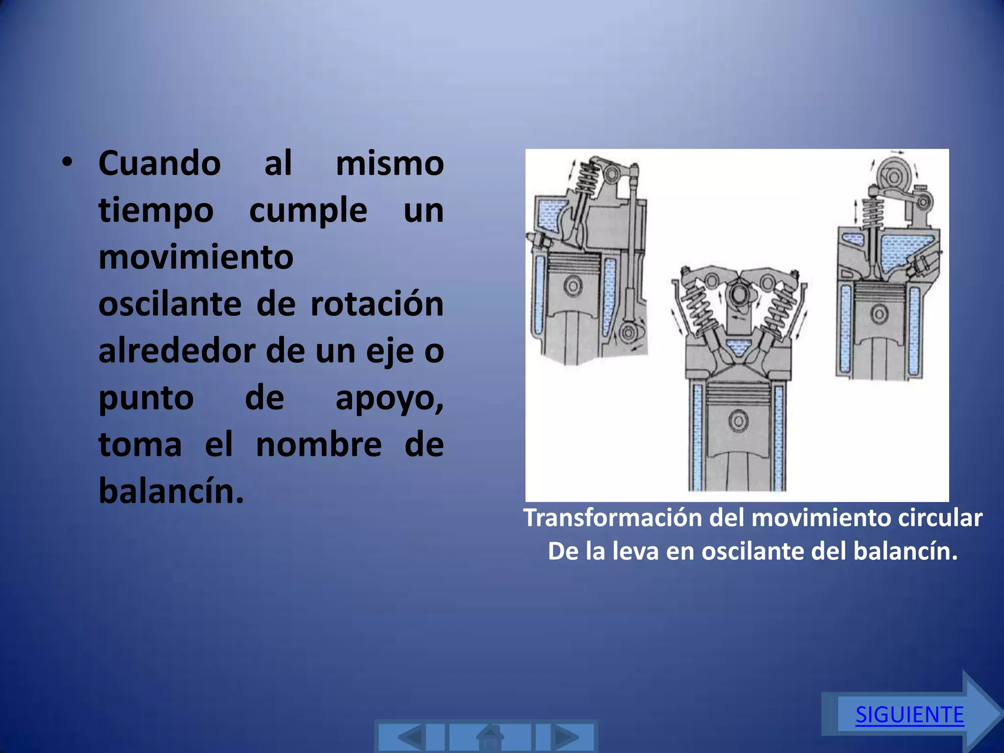 • Cuando al mismo
  tiempo cumple un
  movimiento
  oscilante de rotación
  alrededor de un eje o
  punto de apoyo,
  toma el nombre de
  balancín.
                          Transformación del movimiento circular
                            De la leva en oscilante del balancín.




                                                      SIGUIENTE
 