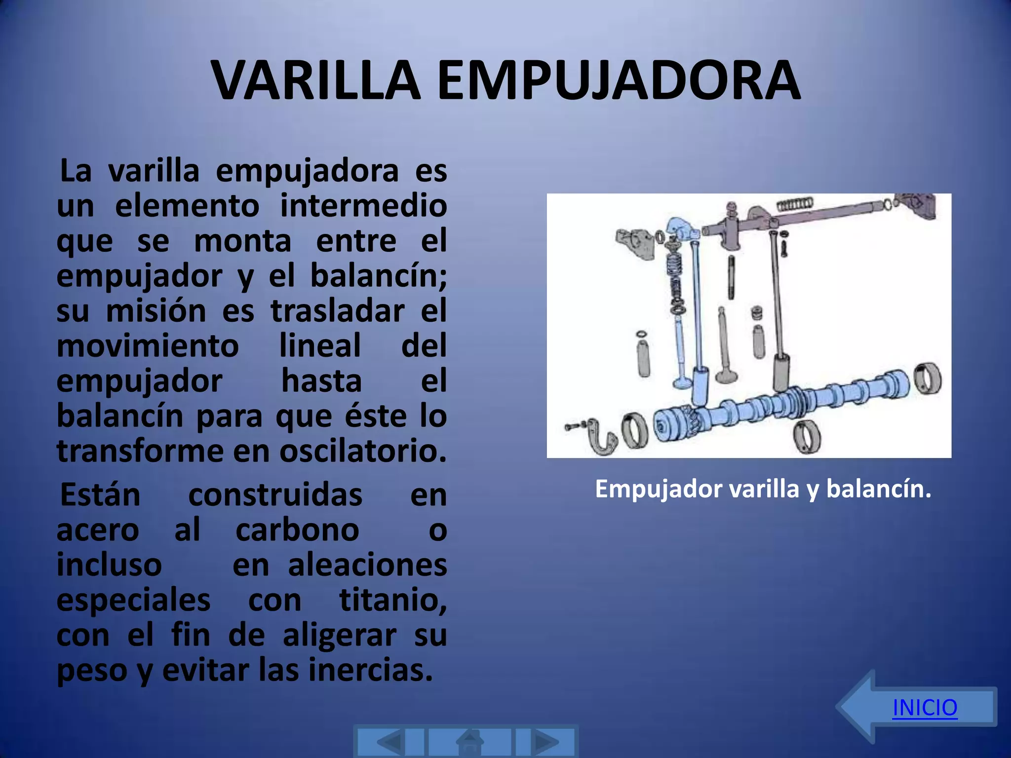VARILLA EMPUJADORA
La varilla empujadora es
un elemento intermedio
que se monta entre el
empujador y el balancín;
su misión es trasladar el
movimiento lineal del
empujador       hasta     el
balancín para que éste lo
transforme en oscilatorio.
Están construidas en           Empujador varilla y balancín.
acero al carbono          o
incluso     en aleaciones
especiales con titanio,
con el fin de aligerar su
peso y evitar las inercias.
                                                        INICIO
 