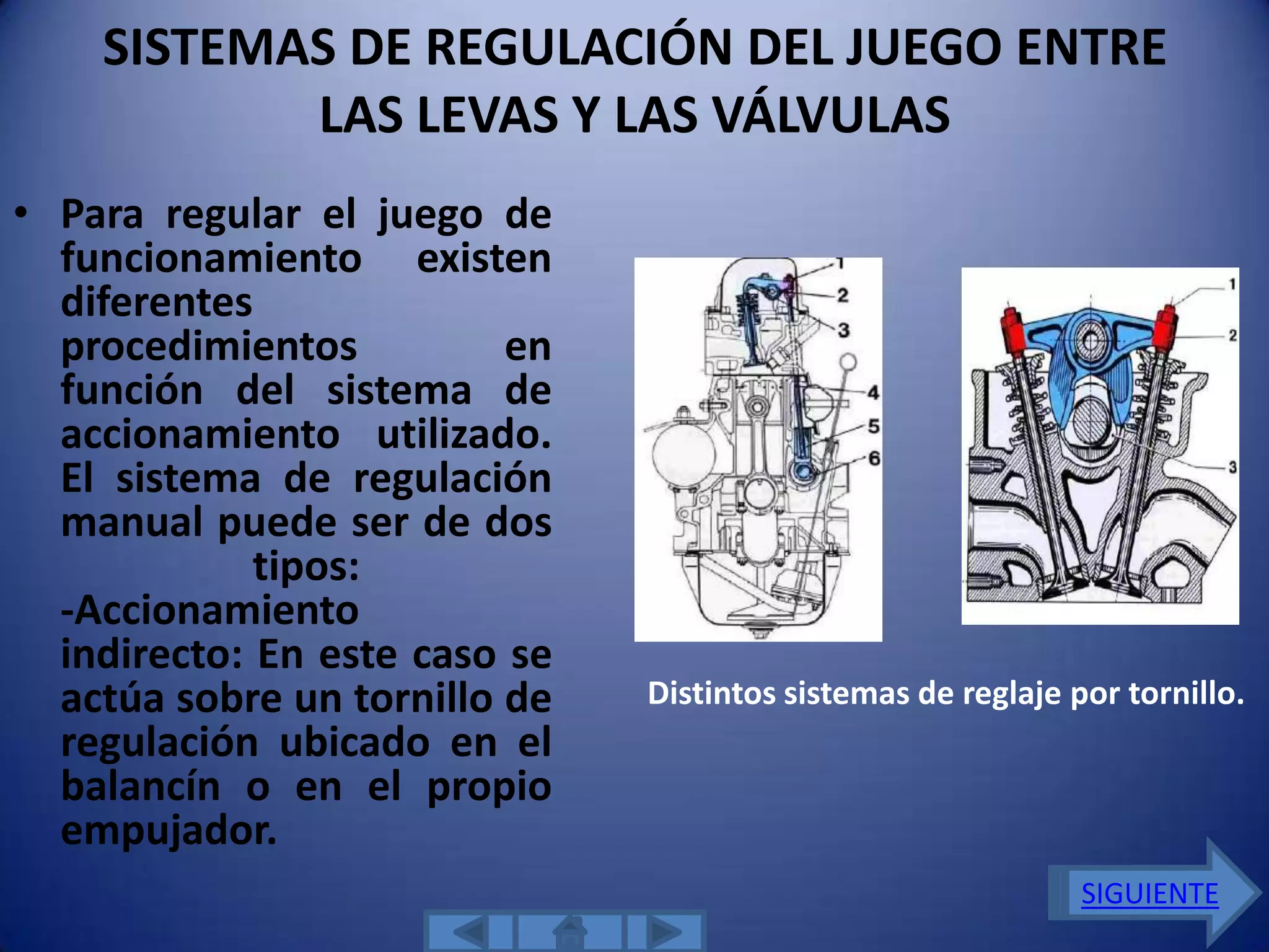 SISTEMAS DE REGULACIÓN DEL JUEGO ENTRE
           LAS LEVAS Y LAS VÁLVULAS
• Para regular el juego de
  funcionamiento existen
  diferentes
  procedimientos          en
  función del sistema de
  accionamiento utilizado.
  El sistema de regulación
  manual puede ser de dos
             tipos:
  -Accionamiento
  indirecto: En este caso se
  actúa sobre un tornillo de   Distintos sistemas de reglaje por tornillo.
  regulación ubicado en el
  balancín o en el propio
  empujador.
                                                              SIGUIENTE
 