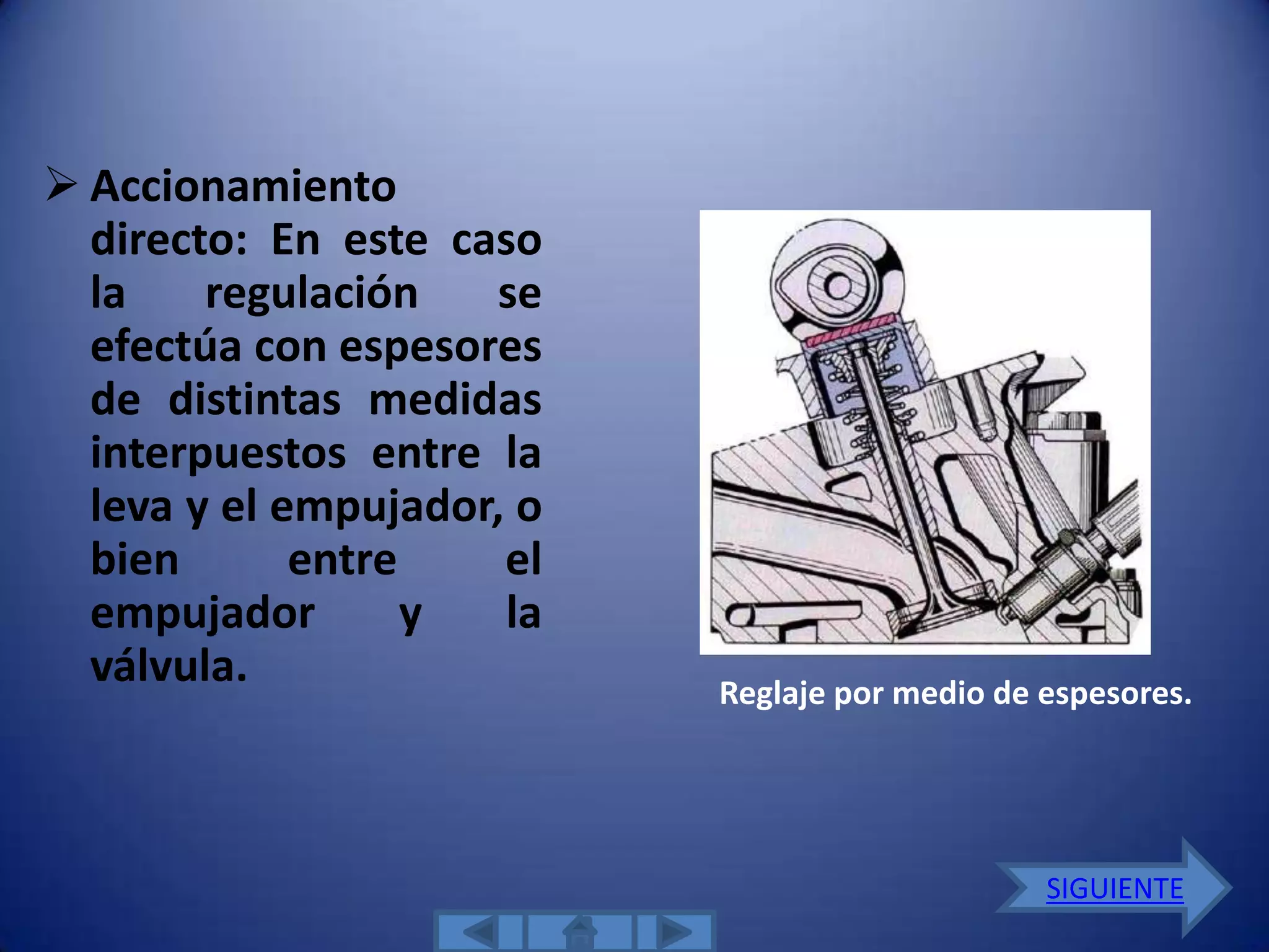  Accionamiento
  directo: En este caso
  la    regulación    se
  efectúa con espesores
  de distintas medidas
  interpuestos entre la
  leva y el empujador, o
  bien       entre    el
  empujador        y  la
  válvula.                 Reglaje por medio de espesores.




                                                SIGUIENTE
 