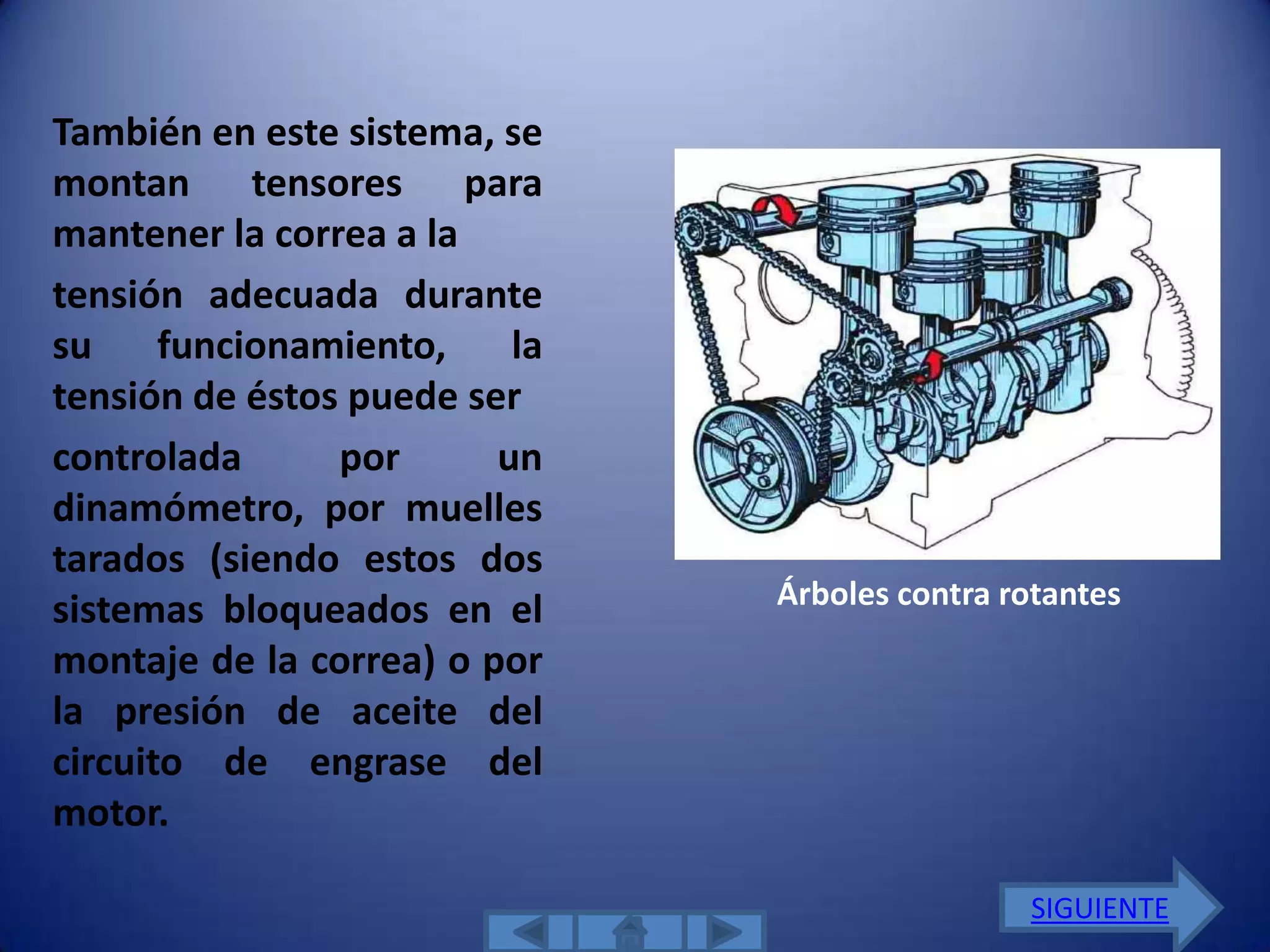 También en este sistema, se
montan tensores para
mantener la correa a la
tensión adecuada durante
su     funcionamiento,    la
tensión de éstos puede ser
controlada      por      un
dinamómetro, por muelles
tarados (siendo estos dos
                               Árboles contra rotantes
sistemas bloqueados en el
montaje de la correa) o por
la presión de aceite del
circuito de engrase del
motor.

                                               SIGUIENTE
 