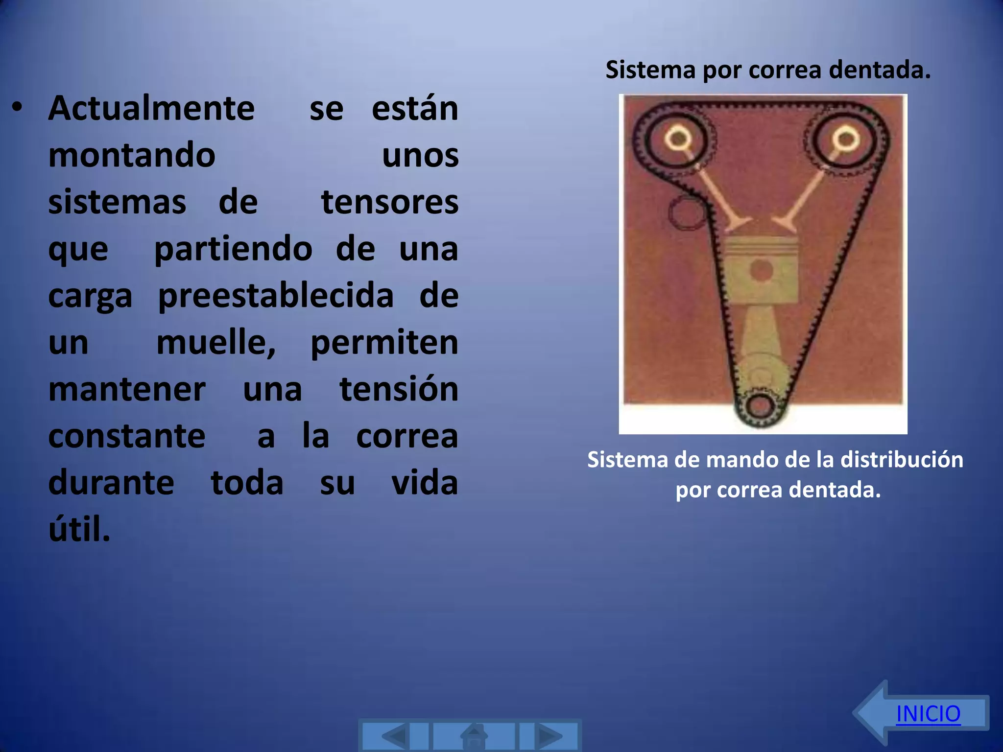 Sistema por correa dentada.
• Actualmente se están
  montando           unos
  sistemas de     tensores
  que partiendo de una
  carga preestablecida de
  un    muelle, permiten
  mantener una tensión
  constante a la correa
                             Sistema de mando de la distribución
  durante toda su vida               por correa dentada.
  útil.



                                                         INICIO
 
