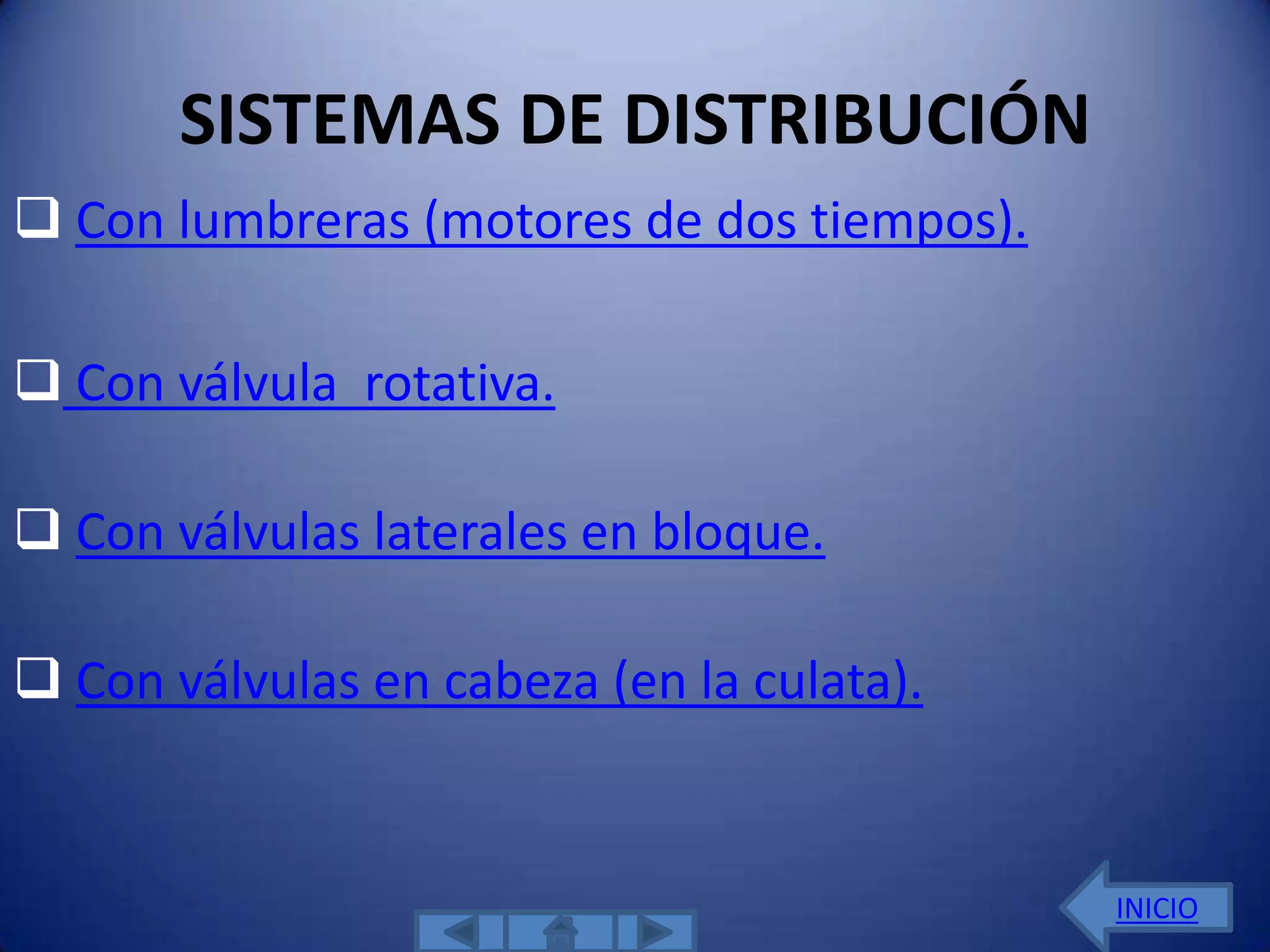 SISTEMAS DE DISTRIBUCIÓN
 Con lumbreras (motores de dos tiempos).

 Con válvula rotativa.

 Con válvulas laterales en bloque.

 Con válvulas en cabeza (en la culata).


                                            INICIO
 