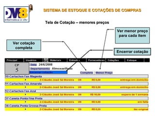 SISTEMA DE ESTOQUE E COTAÇÕES DE COMPRAS


              Tela de Cotação – menores preços

                                                 Ver menor preço
                                                  para cada item
Ver cotação
 completa
                                                 Encerrar cotação
 