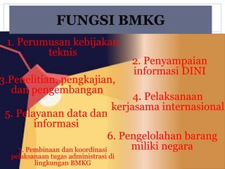 2. Penyampaian
informasi DINI
3.Penelitian, pengkajian,
dan pengembangan
4. Pelaksanaan
kerjasama internasional
5. Pelayanan data dan
informasi
6. Pengelolahan barang
miliki negara
1. Perumusan kebijakan
teknis
7. Pembinaan dan koordinasi
pelaksanaan tugas administrasi di
lingkungan BMKG
FUNGSI BMKG
 