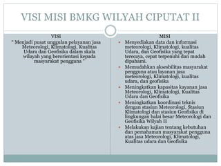 VISI MISI BMKG WILYAH CIPUTAT II
VISI
“ Menjadi pusat unggulan pelayanan jasa
Meteorologi, Klimatologi, Kualitas
Udara dan Geofisika dalam skala
wilayah yang berorientasi kepada
masyarakat pengguna “
MISI
 Menyediakan data dan informasi
meteorologi, Klimatologi, kualitas
Udara, dan Geofisika yang tepat
terecaya, cepat terpenuhi dan mudah
dipahami.
 Memudahkan aksesbilitas masyarakat
pengguna atau layanan jasa
meteorologi, Klimatologi, kualitas
udara, dan geofisika
 Meningkatkan kapasitas kayanan jasa
Meteorologi, Klimatologi, Kualitas
Udara dan Geofisika
 Meningkatkan koordinasi teknis
dengan stasiun Meteorologi, Stasiun
Klimatologi dan stasiun Geofisika di
lingkungan balai besar Meteorologi dan
Geofisika Wilyah II
 Melakukan kajian tentang kebutuhan
dan pemahaman masyarakat pengguna
atas jasa Meteorologi, Klimatologi,
Kualitas udara dan Geofisika
 