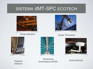 SISTEMA            dMT-SPC ECOTECH




      Grúas Industria                        Grúas Portuarias




                            Almacenes
Equipos                                                Automatismos
                        Automáticos AS/SR.
rotativos
 
