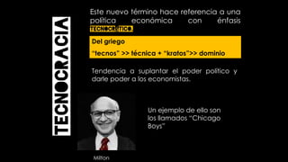 Este nuevo término hace referencia a una
política económica con énfasis
tecnocrático.
Del griego
“tecnos” >> técnica + “kratos”>> dominio
Tecnocracia Tendencia a suplantar el poder político y
darle poder a los economistas.
Un ejemplo de ello son
los llamados “Chicago
Boys”
Milton
 