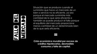 Fallodel
mercado
Situación que se produce cuando el
suministro que hace un mercado de un
bien o servicio no es eficiente, ya sea
porque el mercado suministre más
cantidad de lo que sería eficiente o
también se puede producir el fallo porque
el equilibrio del mercado proporcione
menos cantidad de un determinado bien
de lo que sería eficiente.
=
Crisis económica mundial por exceso de
créditos hipotecarios, desmedido
consumo y falta de capital.
 