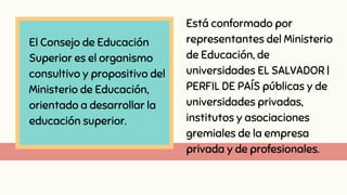 El Consejo de Educación
Superior es el organismo
consultivo y propositivo del
Ministerio de Educación,
orientado a desarrollar la
educación superior.
Está conformado por
representantes del Ministerio
de Educación, de
universidades EL SALVADOR |
PERFIL DE PAÍS públicas y de
universidades privadas,
institutos y asociaciones
gremiales de la empresa
privada y de profesionales.
 