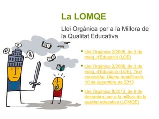 La LOMQE
 Llei Orgànica 2/2006, de 3 de
maig, d'Educació (LOE)
 Llei Orgànica 2/2006, de 3 de
maig, d'Educació (LOE). Text
consolidat. Última modificació:
10 de desembre de 2013
 Llei Orgànica 8/2013, de 9 de
desembre, per a la millora de la
qualitat educativa (LOMQE)
Llei Orgànica per a la Millora de
la Qualitat Educativa
 