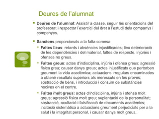 Deures de l’alumnat
 Deures de l'alumnat: Assistir a classe, seguir les orientacions del
professorat i respectar l’exercici del dret a l’estudi dels companys i
companyes.
 Sancions proporcionals a la falta comesa
 Faltes lleus: retards i absències injustificades; lleu deterioració
de les dependències i del material, faltes de respecte, injúries i
ofenses no greus.
 Faltes greus: actes d'indisciplina, injúria i ofensa greus; agressió
física greu; causar danys greus; actes injustificats que pertorben
greument la vida acadèmica; actuacions irregulars encaminades
a obtenir resultats superiors als merescuts en les proves;
sostracció de béns, i introducció i consum de substàncies
nocives en el centre.
 Faltes molt greus: actes d'indisciplina, injúria i ofensa molt
greus; agressió física molt greu; suplantació de la personalitat;
sostracció, ocultació i falsificació de documents acadèmics;
incitació sistemàtica a actuacions greument perjudicials per a la
salut i la integritat personal, i causar danys molt greus.
 