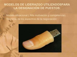 MODELOS DE LIDERAZGO UTILIZADOSPARA LA DESIGNACIÓN DE PUESTOS.Modelo situacional ( Alta motivación y competencia).Teorema de los espectros de la negociación