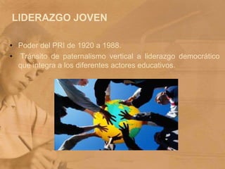 LIDERAZGO JOVENPoder del PRI de 1920 a 1988.Tránsito de paternalismo vertical a liderazgo democrático que integra a los diferentes actores educativos.