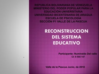 RECONSTRUCCION
DEL SISTEMA
EDUCATIVO
Participante: Numiralda Del valle
. CI: 8 555 147
Valle de la Pascua Junio, de 2018
 