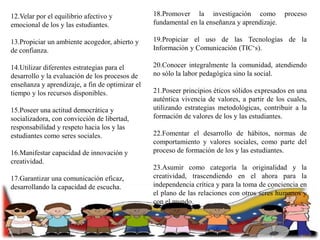12.Velar por el equilibrio afectivo y
emocional de los y las estudiantes.

18.Promover la investigación como
fundamental en la enseñanza y aprendizaje.

13.Propiciar un ambiente acogedor, abierto y
de confianza.

19.Propiciar el uso de las Tecnologías de la
Información y Comunicación (TIC„s).

14.Utilizar diferentes estrategias para el
desarrollo y la evaluación de los procesos de
enseñanza y aprendizaje, a fin de optimizar el
tiempo y los recursos disponibles.

20.Conocer integralmente la comunidad, atendiendo
no sólo la labor pedagógica sino la social.

15.Poseer una actitud democrática y
socializadora, con convicción de libertad,
responsabilidad y respeto hacia los y las
estudiantes como seres sociales.
16.Manifestar capacidad de innovación y
creatividad.
17.Garantizar una comunicación eficaz,
desarrollando la capacidad de escucha.

proceso

21.Poseer principios éticos sólidos expresados en una
auténtica vivencia de valores, a partir de los cuales,
utilizando estrategias metodológicas, contribuir a la
formación de valores de los y las estudiantes.

22.Fomentar el desarrollo de hábitos, normas de
comportamiento y valores sociales, como parte del
proceso de formación de los y las estudiantes.
23.Asumir como categoría la originalidad y la
creatividad, trascendiendo en el ahora para la
independencia crítica y para la toma de conciencia en
el plano de las relaciones con otros seres humanos y
con el mundo.

 