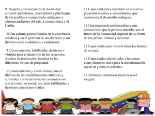 9. Respeto y valoración de la diversidad
cultural, multiétnica, pluricultural y plurilingüe
de los pueblos y comunidades indígenas y
afrodescendientes del país, Latinoamérica y el
Caribe.
10.Una cultura general basada en la conciencia
solidaria y en el ejercicio de sus derechos y sus
deberes como ciudadanos y ciudadanas.
11.Conocimientos, habilidades, destrezas y
virtudes para el desarrollo de las relaciones
sociales de producción, basadas en las
diferentes formas de propiedad.

12.Conocimientos y visión crítica para el
disfrute de las manifestaciones artísticas y
culturales, como elemento de comunicación
con el colectivo social; así como habilidades y
destrezas para desarrollarlas.

13.Capacidad para emprender en colectivo
proyectos sociales y comunitarios, que
coadyuven al desarrollo endógeno.
14.Una conciencia ambientalista y una
cosmovisión que le permita entender que el
futuro de la humanidad depende de su forma
de ser, pensar, valorar y accionar.
15.Capacidades para valorar todas las fuentes
de energía.
16.Capacidades intelectuales y humanas,
como elemento clave para la transformación
social en y para el colectivo.
17.Actitudes valorativas hacia la salud
integral.

 