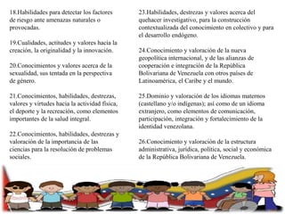 18.Habilidades para detectar los factores
de riesgo ante amenazas naturales o
provocadas.
19.Cualidades, actitudes y valores hacia la
creación, la originalidad y la innovación.
20.Conocimientos y valores acerca de la
sexualidad, sus tentada en la perspectiva
de género.
21.Conocimientos, habilidades, destrezas,
valores y virtudes hacia la actividad física,
el deporte y la recreación, como elementos
importantes de la salud integral.
22.Conocimientos, habilidades, destrezas y
valoración de la importancia de las
ciencias para la resolución de problemas
sociales.

23.Habilidades, destrezas y valores acerca del
quehacer investigativo, para la construcción
contextualizada del conocimiento en colectivo y para
el desarrollo endógeno.
24.Conocimiento y valoración de la nueva
geopolítica internacional, y de las alianzas de
cooperación e integración de la República
Bolivariana de Venezuela con otros países de
Latinoamérica, el Caribe y el mundo.
25.Dominio y valoración de los idiomas maternos
(castellano y/o indígenas); así como de un idioma
extranjero, como elementos de comunicación,
participación, integración y fortalecimiento de la
identidad venezolana.
26.Conocimiento y valoración de la estructura
administrativa, jurídica, política, social y económica
de la República Bolivariana de Venezuela.

 