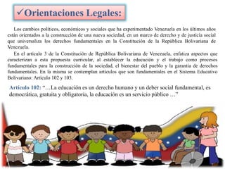 Orientaciones Legales:
Los cambios políticos, económicos y sociales que ha experimentado Venezuela en los últimos años
están orientados a la construcción de una nueva sociedad, en un marco de derecho y de justicia social
que universaliza los derechos fundamentales en la Constitución de la República Bolivariana de
Venezuela.
En el artículo 3 de la Constitución de República Bolivariana de Venezuela, enfatiza aspectos que
caracterizan a esta propuesta curricular, al establecer la educación y el trabajo como procesos
fundamentales para la construcción de la sociedad, el bienestar del pueblo y la garantía de derechos
fundamentales. En la misma se contemplan artículos que son fundamentales en el Sistema Educativo
Bolivariano: Artículo 102 y 103.

Artículo 102: “…La educación es un derecho humano y un deber social fundamental, es
democrática, gratuita y obligatoria, la educación es un servicio público …”

 
