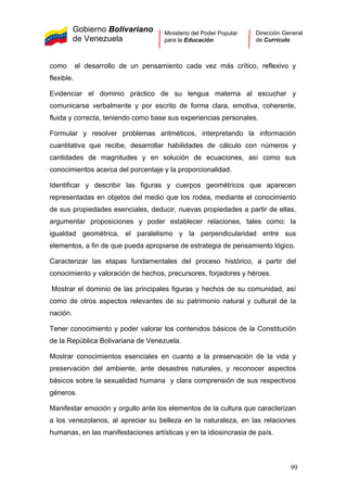Gobierno Bolivariano
de Venezuela
Ministerio del Poder Popular
para la Educación
Dirección General
de Currículo
como el desarrollo de un pensamiento cada vez más crítico, reflexivo y
flexible.
Evidenciar el dominio práctico de su lengua materna al escuchar y
comunicarse verbalmente y por escrito de forma clara, emotiva, coherente,
fluida y correcta, teniendo como base sus experiencias personales.
Formular y resolver problemas aritméticos, interpretando la información
cuantitativa que recibe, desarrollar habilidades de cálculo con números y
cantidades de magnitudes y en solución de ecuaciones, así como sus
conocimientos acerca del porcentaje y la proporcionalidad.
Identificar y describir las figuras y cuerpos geométricos que aparecen
representadas en objetos del medio que los rodea, mediante el conocimiento
de sus propiedades esenciales, deducir, nuevas propiedades a partir de ellas,
argumentar proposiciones y poder establecer relaciones, tales como: la
igualdad geométrica, el paralelismo y la perpendicularidad entre sus
elementos, a fin de que pueda apropiarse de estrategia de pensamiento lógico.
Caracterizar las etapas fundamentales del proceso histórico, a partir del
conocimiento y valoración de hechos, precursores, forjadores y héroes.
Mostrar el dominio de las principales figuras y hechos de su comunidad, así
como de otros aspectos relevantes de su patrimonio natural y cultural de la
nación.
Tener conocimiento y poder valorar los contenidos básicos de la Constitución
de la República Bolivariana de Venezuela.
Mostrar conocimientos esenciales en cuanto a la preservación de la vida y
preservación del ambiente, ante desastres naturales, y reconocer aspectos
básicos sobre la sexualidad humana y clara comprensión de sus respectivos
géneros.
Manifestar emoción y orgullo ante los elementos de la cultura que caracterizan
a los venezolanos, al apreciar su belleza en la naturaleza, en las relaciones
humanas, en las manifestaciones artísticas y en la idiosincrasia de país.
99
 