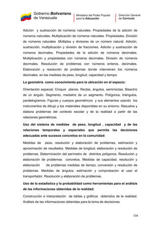 Gobierno Bolivariano
de Venezuela
Ministerio del Poder Popular
para la Educación
Dirección General
de Currículo
Adición y sustracción de números naturales. Propiedades de la adición de
números naturales. Multiplicación de números naturales. Propiedades. División
de números naturales .Múltiplos y divisores de un número natural. Adición,
sustracción, multiplicación y división de fracciones. Adición y sustracción de
números decimales. Propiedades de la adición de números decimales.
Multiplicación y propiedades con números decimales. División de números
decimales. Resolución de problemas con números enteros, decimales.
Elaboración y resolución de problemas donde intervienen los números
decimales en las medidas de peso, longitud, capacidad y tiempo.
La geometría como conocimiento para la ubicación en el espacio:
Orientación espacial. Croquis planos. Rectas, ángulos, semirrectas. Bisectriz
de un ángulo. Segmento, mediatriz de un segmento. Polígonos, triángulos,
paralelogramos. Figuras y cuerpos geométricos y sus elementos usando los
instrumentos de dibujo y los materiales disponibles en su entorno. Resuelve y
elabora problemas del contexto escolar y de la realidad a partir de las
relaciones geométricas.
Uso del sistema de medidas de peso, longitud , capacidad y de las
relaciones temporales y espaciales que permita las decisiones
adecuadas ante sucesos concretos en la comunidad:
Medidas de peso, resolución y elaboración de problemas, estimación y
aproximación de resultados. Medidas de longitud, elaboración y resolución de
problemas. Determinación del perímetro de distintos polígonos. Resolución y
elaboración de problemas concretos. Medidas de capacidad, resolución y
elaboración de problemas medidas de tiempo, conversión y resolución de
problemas. Medidas de ángulos, estimación y comprobación al usar el
transportador. Resolución y elaboración de problemas.
Uso de la estadística y la probabilidad como herramientas para el análisis
de las informaciones obtenidas de la realidad:
Construcción e interpretación de tablas y gráficos obtenidos de la realidad.
Análisis de las informaciones obtenidas para la toma de decisiones.
104
 